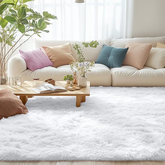 OLANLY 10x12 Machine Washable Large Area Rugs for Living Room, Bedroom, Soft Fluffy Shaggy Bedside Rug, Indoor Floor Carpet for Kids Girls and Boys, Dorms, Nursery, Home Decor Aesthetic, White