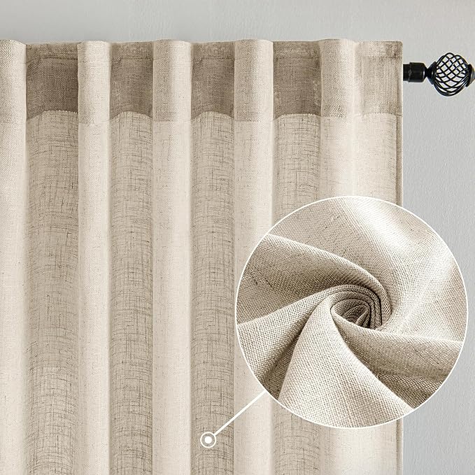MIULEE Beige Linen Curtains 54 Inch Length 2 Panels for Bedroom Living Room, Soft Linen Textured Window Drapes Semi Sheer Light Filtering Back Tab Rod Pocket Farmhouse Modern Burlap Look Decor