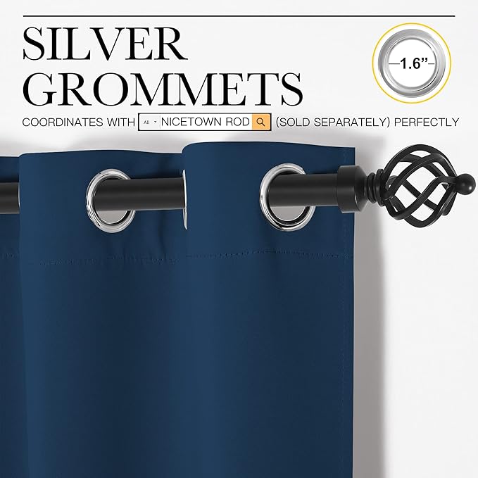 NICETOWN Moroccan Blue Blackout Curtain Panels 48 inch Long Set of 2 for Bedroom, Thermal Insulated Grommet Top Light Blocking Draperies and Drapes for Basement (W34)