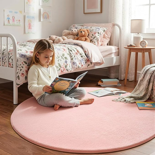 Amearea Pink Round Area Rugs 5ft Washable Circle Rugs for Bedroom Living Room, Fluffy Indoor Thickened Memory Foam Rug, Non Slip Minimalist Circular Carpet for Kids Boys Girls Dorm Nursery Room Decor