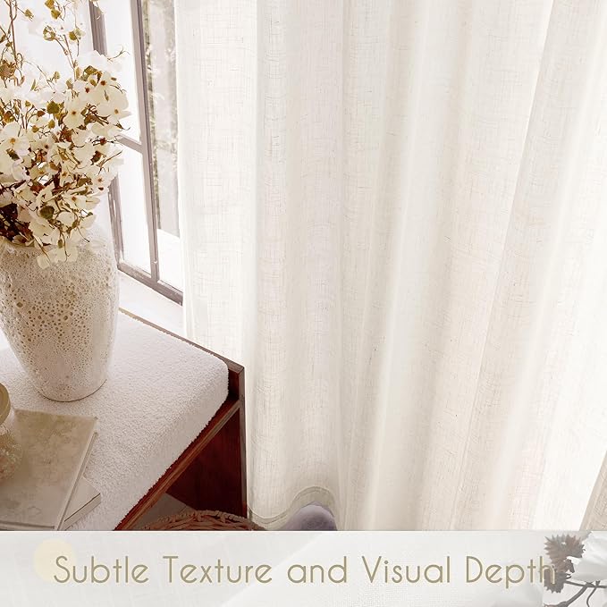2 Panels Set Cream Linen Curtains 132 inches Long For Living Room Neutral Farmhouse Light Filtering Semi Sheer Linen Drapes 132 inch Ceiling To Floor For Large Window Villa Hallway Ivory FT 60x132