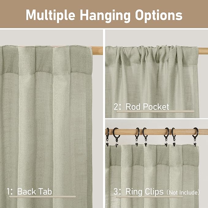 LAMIT Sage Grey Linen Curtains for Living Room 84 inch Length 2 Panels, Light Filtering Semi Sheer Curtains Back Tab and Rod Pocket Farmhouse Panels for Bedroom/Sliding Glass Door, 52 x 84 Inch