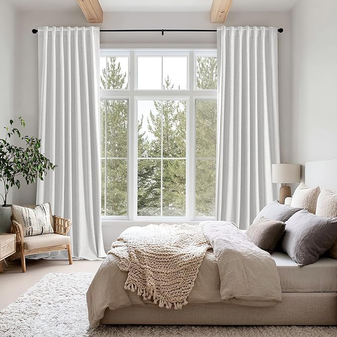 MIULEE 100% Blackout Linen Curtains for Bedroom, Heathered White Solid Luxury Decor Thermal Insulation Room Darkening Drapes for Living Room Nursery Back Tab Rod Pocket 42 x 72 Inches, 2 Panels