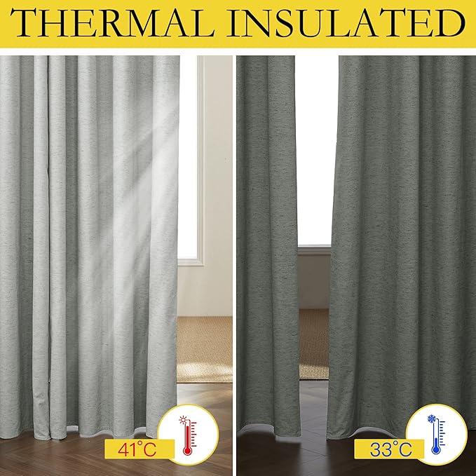NICETOWN Grey Long Linen Full Shade Panels, 62" Wide x 90" Long, Pair of Thermal Insulated & Energy Efficiency Blackout Curtains for Living Room Windows, Lined Silky Performance Window Dressing