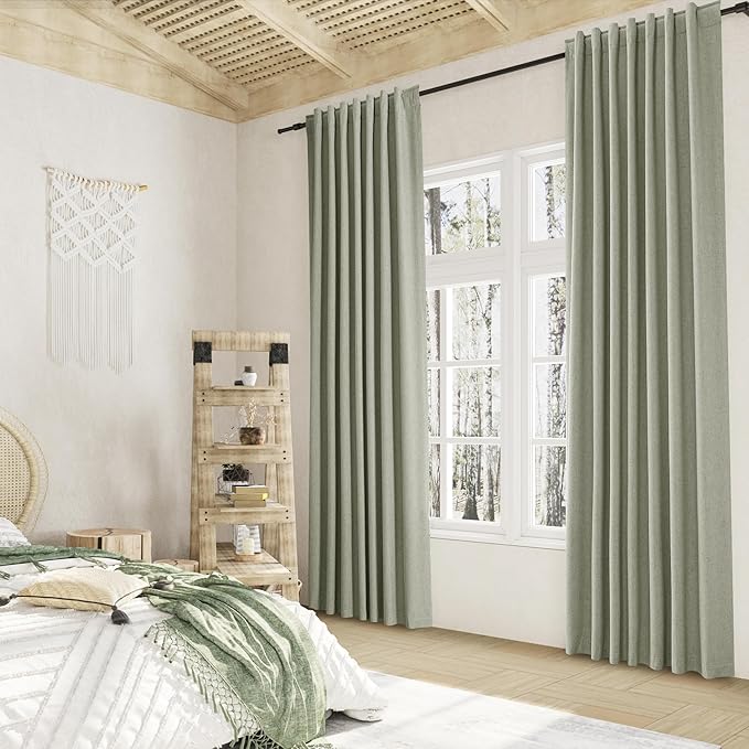 Sage Green 100% Blackout Linen Curtains 86 Inch Length 2 Panels Set for Living Room Bedroom Back Tab Thermal Insulated Black Out Drapes Room Darkening Window Curtains 86 Inches Long