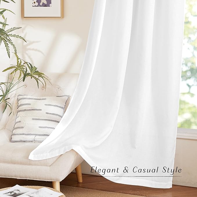 NICETOWN White Linen Curtains 108 inches Long for Home Office, Grommet Privacy Added with Light Filtering Thick Flax Window Treatments for Bedroom/Living Room, Natural, W55 x L108, 2 Panels
