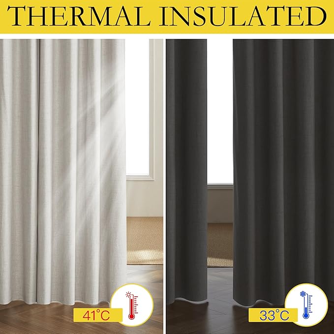 NICETOWN Snowbound Vintage Linen 100% Blackout Curtains for Living Room, Thermal Insulated Curtains 102“ Long, Noise Reducing Window Treatment Drapes for Home Office, 62" Wide Per Panel, Set of 2