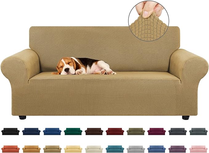 KEKUOU Stretch Loveseat Sofa Cover Slipcover,Couch Covers for 2 Cushion Couch Sofa (55"-78") Furniture Protector Sofa with Elastic Bottom for Kids,Dog. Jacquard Small Checked (Medium,Tan)