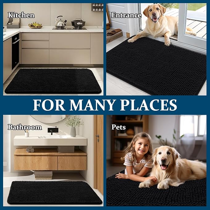 OLANLY Dog Door Mat for Muddy Paws 59x20, Absorbs Moisture and Dirt, Absorbent Non-Slip Washable Doormat, Quick Dry Chenille Mud Mat for Dogs, Entry Indoor Entryway Carpet for Inside Floor, Black
