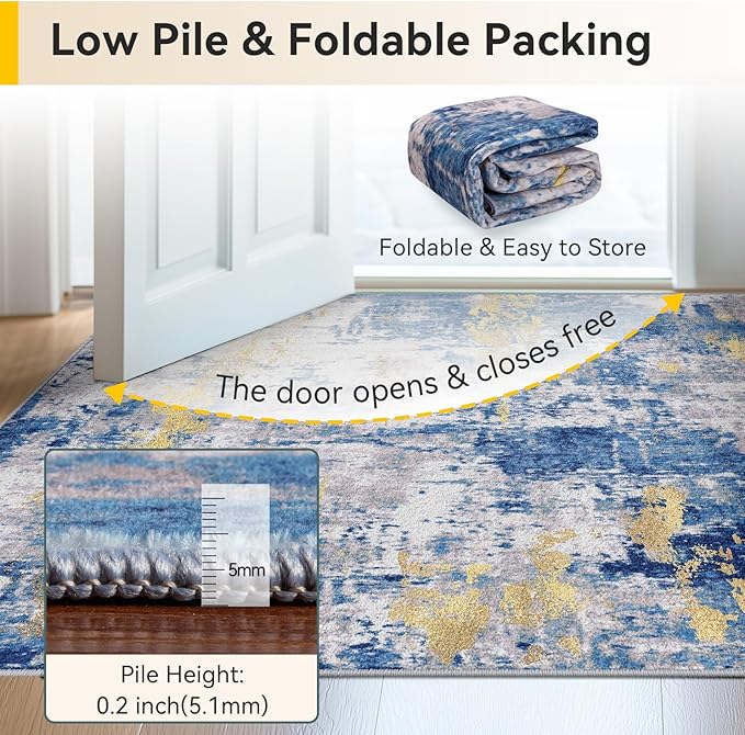 Washable Area Rugs 10'x14' Non-Slip Modern Abstract Soft for Living Room Entryway Bedroom Nursery, Print Pattern, Grey Blue Gold/Golden