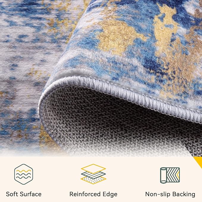Washable Area Rugs 2'x5' Non-Slip Modern Abstract Soft for Living Room Entryway Bedroom Nursery, Print Pattern, Grey Blue Gold/Golden