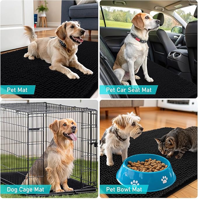 OLANLY Dog Door Mat for Muddy Paws 44x24, Absorbs Moisture and Dirt, Absorbent Non-Slip Washable Doormat, Quick Dry Chenille Mud Mat for Dogs, Entry Indoor Entryway Carpet for Inside Floor, Black