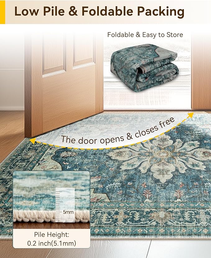 Area Rugs 2'6''x14' Runner Rug Non Slip Washable for Kitchen Hallway Bedroom Beside Laundry Room Bathroom Rug, Floor Carpet, Dark Blue Vintage