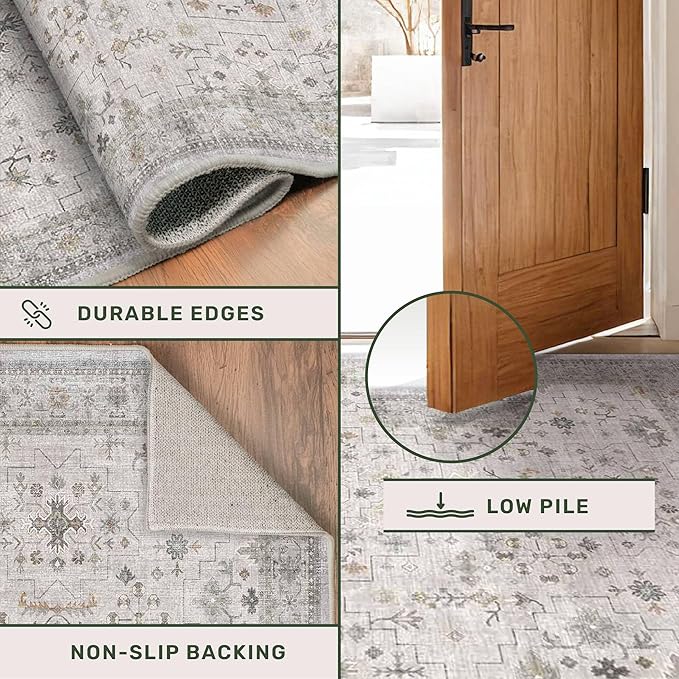Hazo Haus Boho Light Grey Living Room Rug 7x9 - Modern Eclectic Floral Paste Neutral Taupe, Washable Low Pile Non-Slip Large Area Rugs for Dining Under Table, Bedroom Under Bed