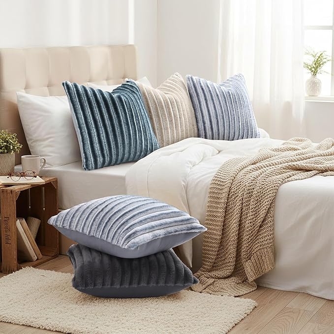 decorUhome Cozy Faux Fur Throw Pillow Covers 18x18 Set of 2 Decorative Soft Plush Striped Modern Farmhouse Boho Couch Pillow Cases with Velvet Back for Sofa Bed Living Room, Grey White