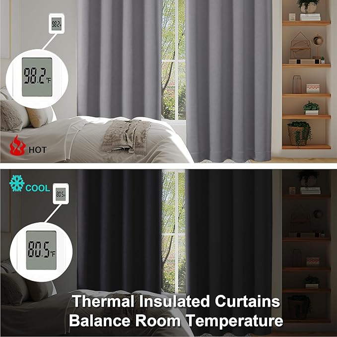 Simplebrand Ava Light Grey Blackout Curtains for Bedroom 63 Inch Length 2 Panels, Solid Thermal Insulated Energy Saving Rod Pocket Window Treatment Curtains Blackout Drapes, W40 x L63 Inch, Light Grey