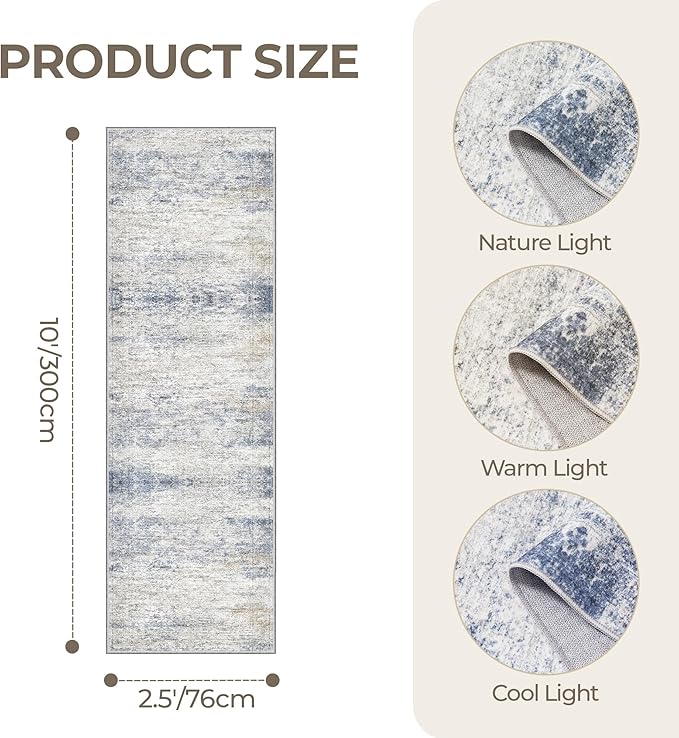 Kitchen Runner Rugs Non Skid Washable - 2.5 x 10 Runner Rug with Anti Slip Backing, Ultra-Thin Soft Rug Runner for Hallway, Bedroom, Living Room (2.5'x10', Blue/Brown/Ivory)