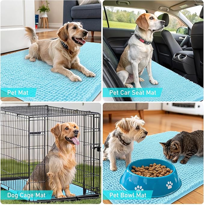 OLANLY Dog Door Mat for Muddy Paws 45x27, Absorbs Moisture and Dirt, Absorbent Non-Slip Washable Doormat, Quick Dry Chenille Mud Mat for Dogs, Entry Indoor Entryway Carpet for Inside Floor, Blue