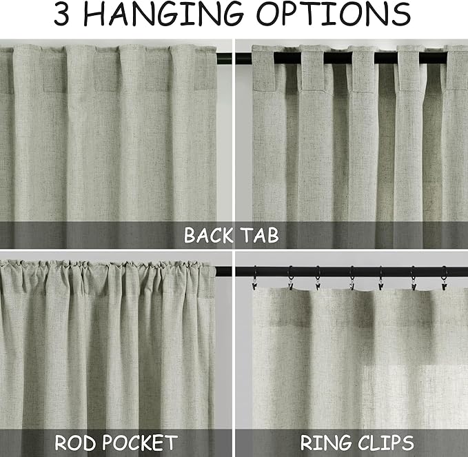 Nanspring Sage Green Curtains 132 Inches Long 2 Panels for Living Room Back Tab Rod Pocket Semi Sheer Linen Drapes Neutral Sage Room Decor Green Curtain Ceiling to Floor Length for Dining Room 52x132