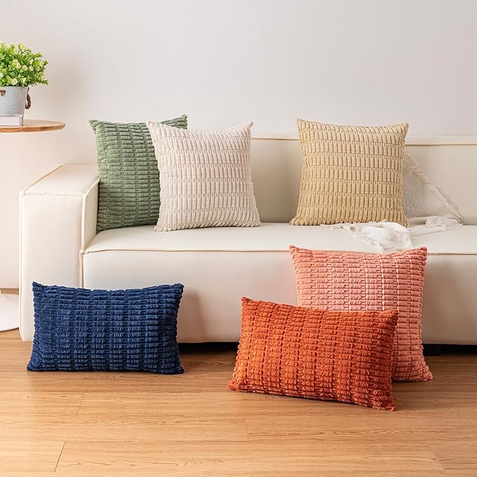 Pack of 2 Corduroy Decorative Throw Pillow Covers 20x20 InchSoft Striped Pillow Covers Modern Farmhouse Home Decor for Sofa Living Room Couch Bed（Green）