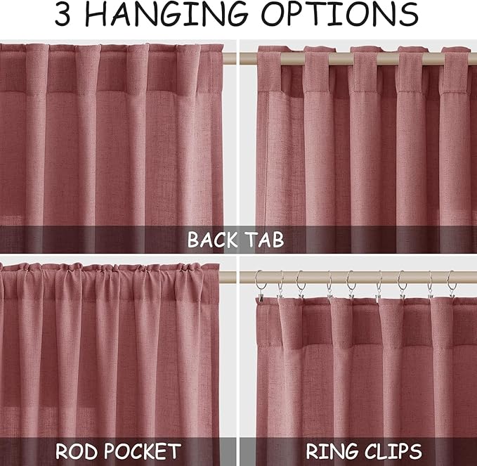Canyon Rose Linen Curtains for Living Room 126 Inches Long Light Filtering Semi Sheer Curtain Back Tab Modern Farmhouse Decor Boho Girl Drapes Floor to Ceiling High Window for Bedroom 52x126, 2 Panels