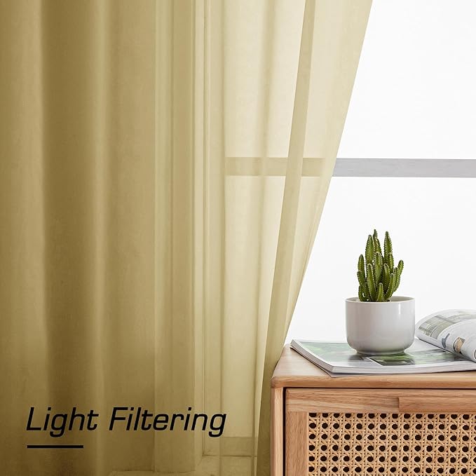 Simplebrand Gold Sheer Curtains 96 Inches Long 2 Panels, Light Filtering Rod Pocket Solid Color Window Sheer Curtain Panels, Elegant Curtains & Drapes for Living Room, Bedroom, 42" W x 96" L