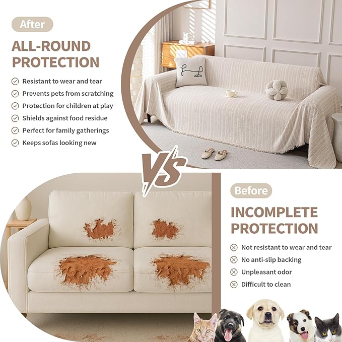 Boho Chenille Couch Cover for Dogs, Non Slip Sofa Cover, Couch Slipcover Covers for 3 Cushion, Furniture Protector with Tassels for Pets Washable, 91"x134", Fishbone Beige