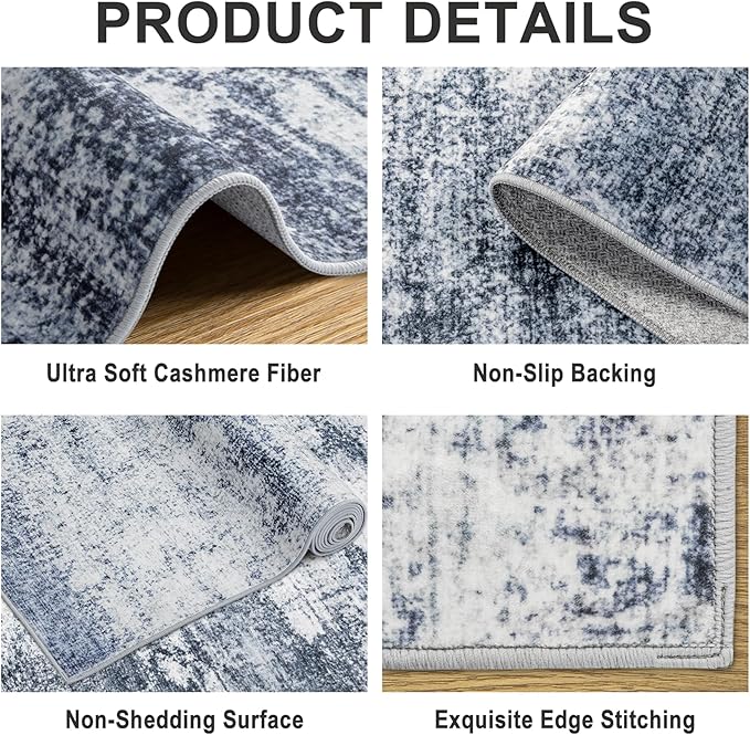 Area Rugs Living Room Rug - 5x7 Washable Modern Abstract Soft Neutral Non-Slip Carpet Large Indoor Floor Thin Carpets for Bedroom Dining Room Farmhouse Nursery Home Office Grey Blue