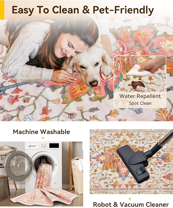 RELEANY Area Rugs 6'x9' Washable Non-Slip, Floral Vintage Distress Print Pattern Medallion Carpet for Living Room Bedroom Dining Room, Light Pink Colorful