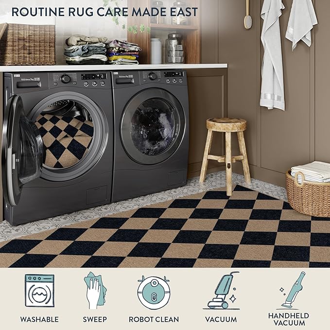 Lahome Colette Checkered Easy Jute Patio Rug, 6x9 Washable Indoor Outdoor Rug, Farmhouse Neutral Non Slip Non Shedding Low Pile Floor Carpet for Deck Living Dining Room Office Mudroom