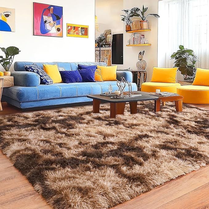 Pionblank 8x10 Rug for Living Room, Fuzzy Plush Large Area Rug Brown, Fluffy Modern Shag Non Slip Soft Furry Carpet for Bedroom Kids Room Nursery Teens Dorm Home, Tie-Dyed Coffee