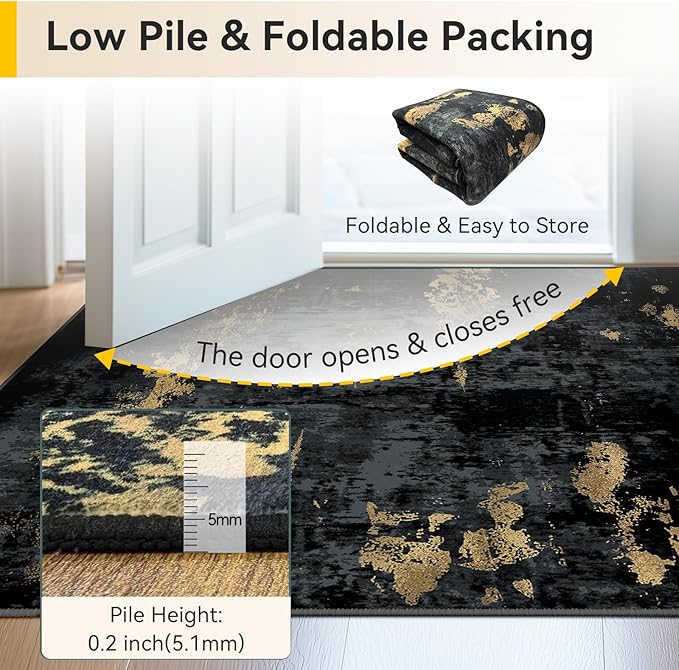 Washable Area Rugs 2'x5' Non-Slip Modern Abstract Soft for Living Room Entryway Bedroom Nursery, Print Pattern, Dark Black Gold