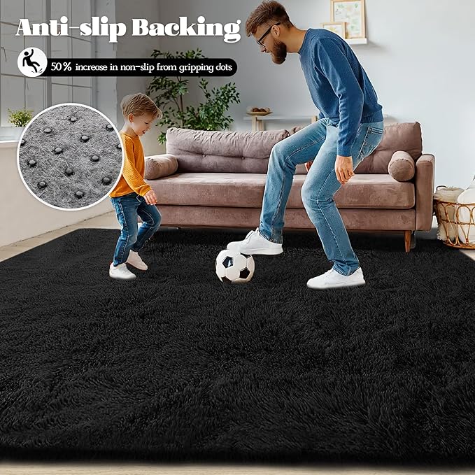 8x10 Area Rugs for Living Room: Fluffy Shag Soft Washable Rug Large Fuzzy Plush Indoor Carpet for Bedroom Nursery Playroom Kids Girls Boys Room (Black, 8'x10')
