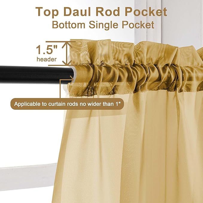 Chyhomenyc Sheer Valances for Windows 2 Pack, Small Window Curtains for Living Room Bathroom, Modern Top Dual Rod Pocket Voile Basement Curtains, 42W x 14L inches, Gold