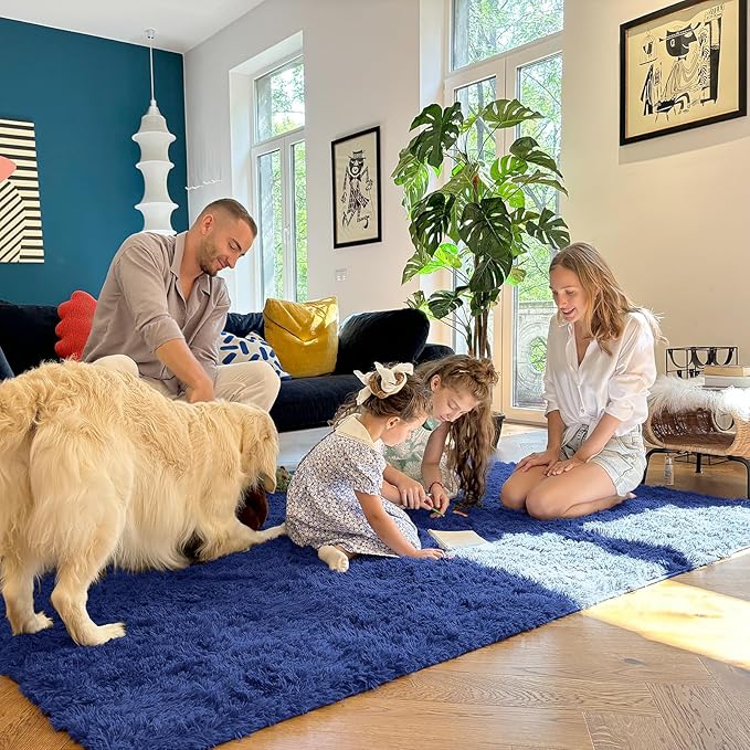 OLANLY 5x6 Area Rugs for Living Room Bedroom, Machine Washable Soft Fluffy Shaggy Bedside Rug, Indoor Floor Carpet for Kids Girls and Boys, Dorms, Nursery Rooms, Home Decor Aesthetic, Navy Blue