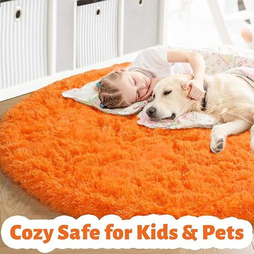 Amdrebio Orange Round Circle Rug 5Ft for Bedroom Living Room, Fluffy Fuzzy Shaggy Area Rugs for Kids Room Decor Aesthetic, Cute Furry Plush Shag Carpet for Baby Nursery Dorm Playroom, Teen Girls Boys