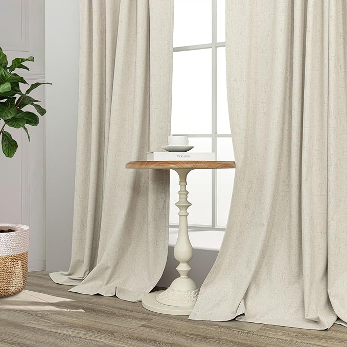 Short Linen Blackout Curtains for Bay Windows 48 Inch Length Bedroom Living Room Bathroom Heat Light Blocking Cute Curtains 48 Inches Long 2 Panels Set Burlap Drapes 52x48 Back Tab & Rod Pocket Beige