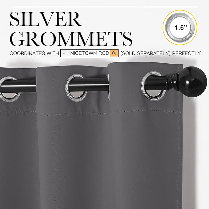 NICETOWN Grey Blackout Curtain Panels for Bedroom, 2 Panels, W42 x L78-inch, Grey, Thermal Insulated Grommet Top Blackout Draperies and Drapes for Basement