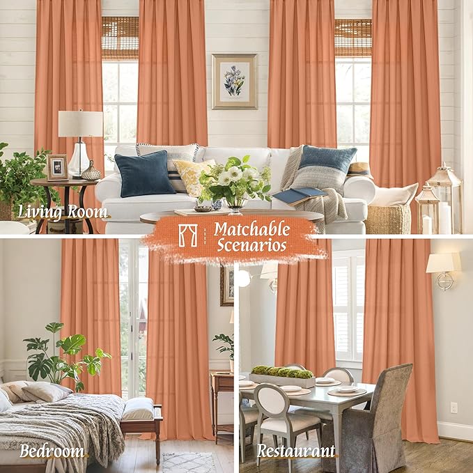 LAMIT Terracotta Linen Curtains 72 inches Long for Living Room, Soft Thick Semi Sheer Light Filtering Rod Pocket Window Treatments Fall Decor Drapes for Bedroom, 2 Panels Set, 52 x 72 Inch