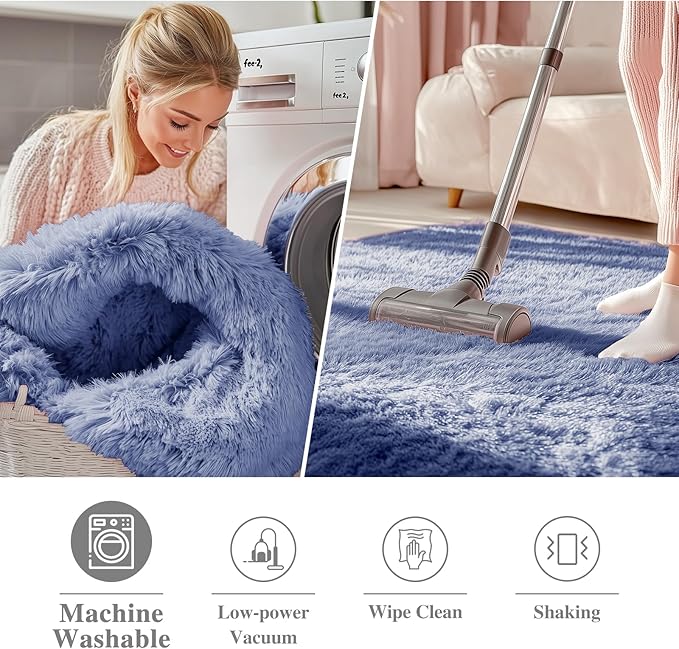 OLANLY Denim Blue Round Rugs for Bedroom - Machine Washable, 7 ft Circle Area Rugs for Living Room, Soft and Fluffy Shaggy Carpet for Teen Girl and Boys, Nursery Rooms, Dorms, Home Decor Aesthetic