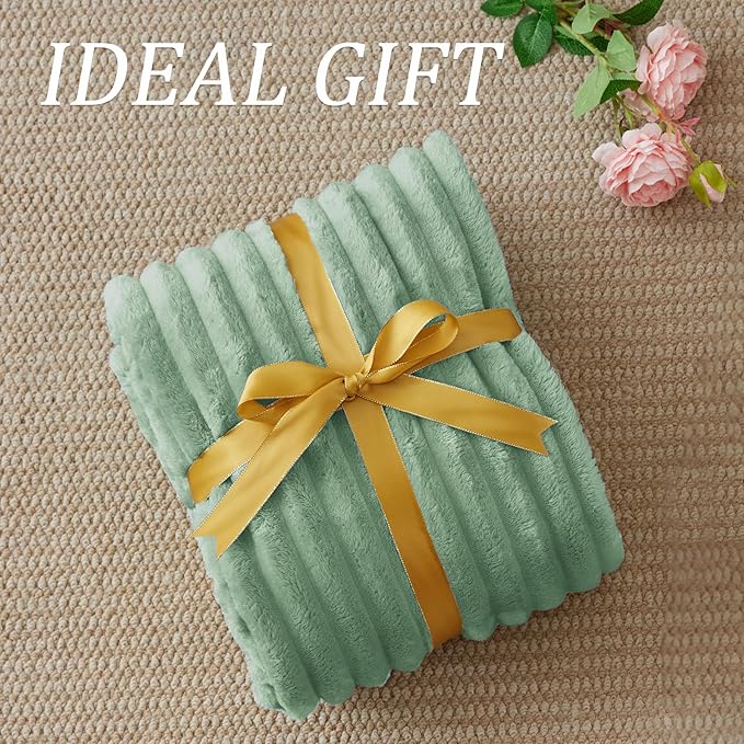 BEDELITE Fleece Green Throw Blanket for Couch - 300GSM Soft & Warm Fluffy Green Blanket, Decorative and Giftable Striped Blankets for Women, Men, 50"x60"