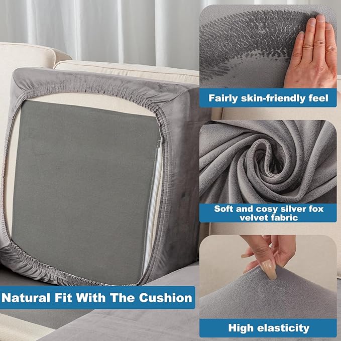 Couch Cover Stretch Velvet Sofa Cushion Cover 1-Piece - Elastic Washable Slipcover for Seat or Backrest, Couch Seat Covers for Sofas (Grey)