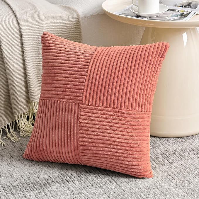 Fancy Homi 2 Packs Coral Decorative Throw Pillow Covers 16x16 Inch for Living Room Couch, Rustic Farmhouse Boho Home Decor, Soft Corss Patchwork Corduroy Textured Square Peach Cushion Case 40x40 cm