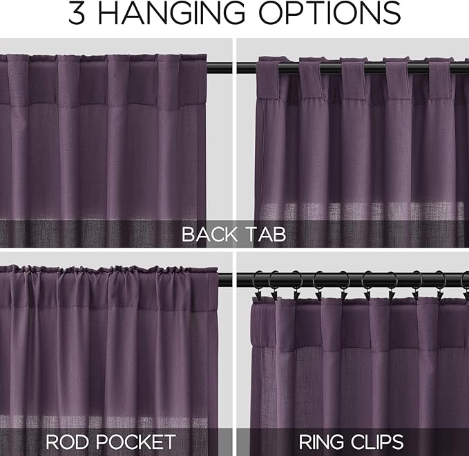 Nanspring Plum Linen Curtains 90 Inch Long 2 Panels Set for Bedroom Living Room Plum Linen Textured Window Drapes Semi Sheer Light Filtering Rod Pocket Back Tab Farmhouse Curtain 52x90
