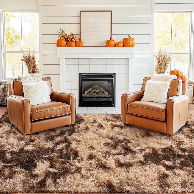 Pionblank 8x10 Rug for Living Room, Fuzzy Plush Large Area Rug Brown, Fluffy Modern Shag Non Slip Soft Furry Carpet for Bedroom Kids Room Nursery Teens Dorm Home, Tie-Dyed Coffee