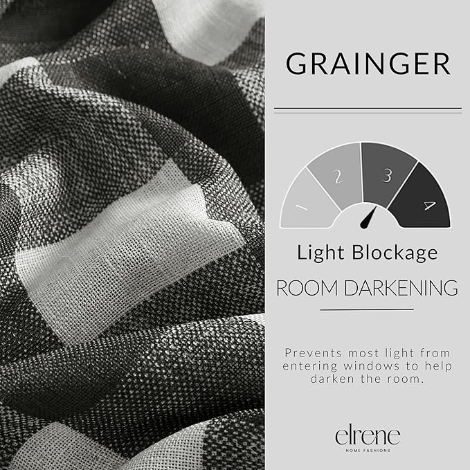 Elrene Home Fashions Farmhouse Living Grainger Buffalo-Check Blackout Window Curtain, Living Room and Bedroom Drape with Rod Pocket Tabs, 52" x 95", Black, 1 Panel
