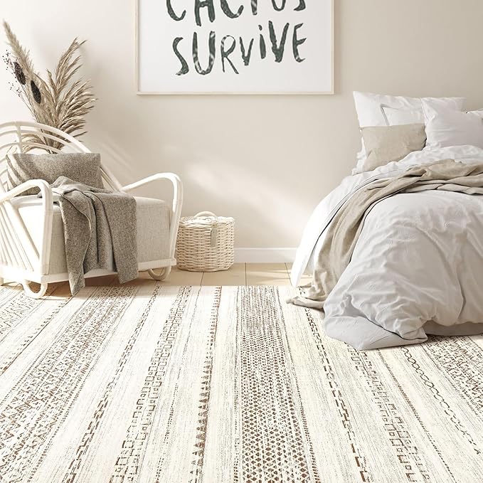 Nakagishi Area Rug Living Room Rugs: 4X6 Machine Washable Boho Large Neutral Farmhouse Stain Resistant Moroccan Indoor Floor Carpet for Bedroom Nursery Dorm Dining Room Home-Brown Tan
