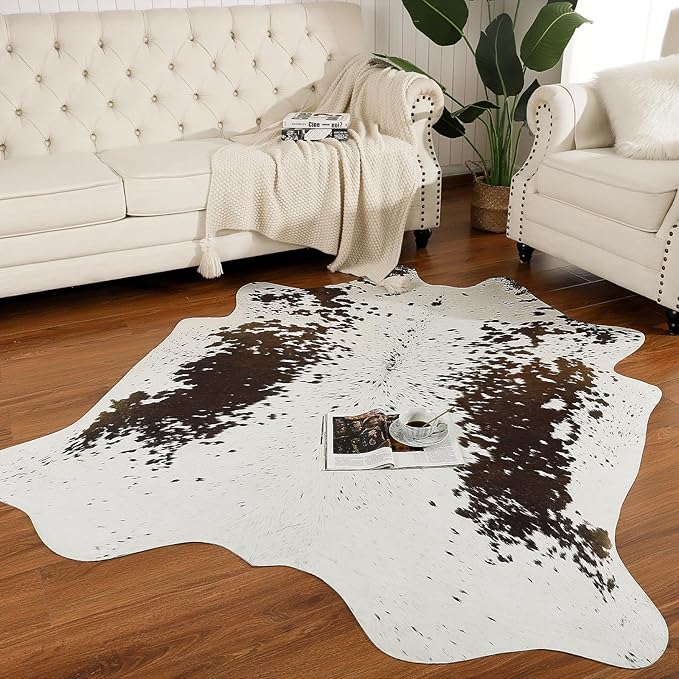 AROGAN White 6×7.2 Feet Faux Cow Print Rug Large - Cow Print Area Rug with No-Slip Backing, Large Animal Skin Rugs for Living Room, Offfice, Room Decor, Spots