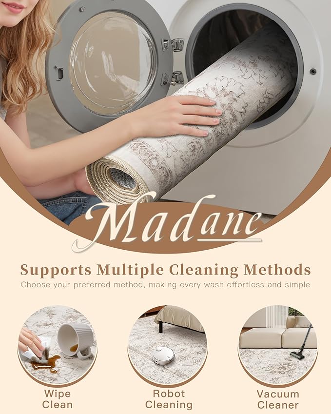 Madane Rug Runner for Hallways 2.5x8, Washable Kitchen Runner Rugs with Non Slip Backing, Soft Floral Print 2'6''x8 Carpet Runners for Laundry Room, Bedroom, Brown/Ivory