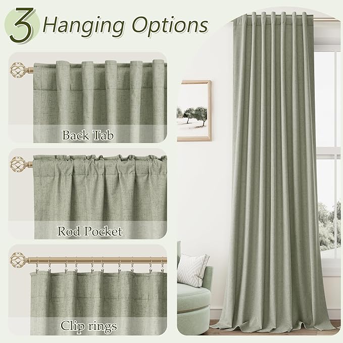 Sage Green 100% Blackout Curtains 63 Inch Length 2 Panels Set for Living Room Bedroom Back Tab Thermal Insulated Black Out Linen Drapes Room Darkening Window Curtains 63 Inches Long